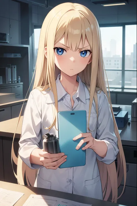 Science Lab,scientist,white clothes,1 girl,blonde,long hair,blue eyes,serious face,Flask on the desk