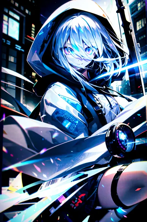 (best image quality), 1 girl, hoodie, hood, 2 2D, anime, night, city, masterpiece, Blue-green eye, silver hair, beautiful eye, rich expressive power, big smile, close ~ eye, have a sword