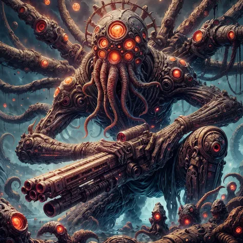 resident evil,dark soul boss, bloodborne,Lovecraftian Evil, monster, fantasy, dark, smoky, many eyes, many tentacle, Cloud-like, floating, realistic, That's horrible, otherworldly, Destructive, pitch black, He has a railgun made of bones., Bloodstained...