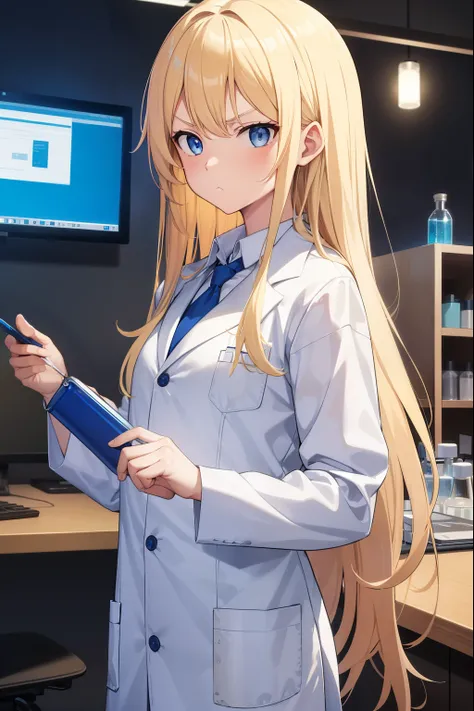 Science Lab,scientist,white clothes,1 girl,blonde,long hair,blue eyes,serious face,Flask on the desk,night