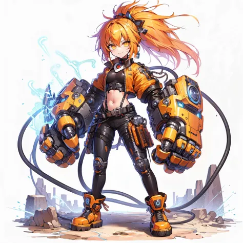 (masterpiece, best quality), ultra detailed, anime style, full body, solo, cute cyberpunk karate girl, orange hair and yellow ey...