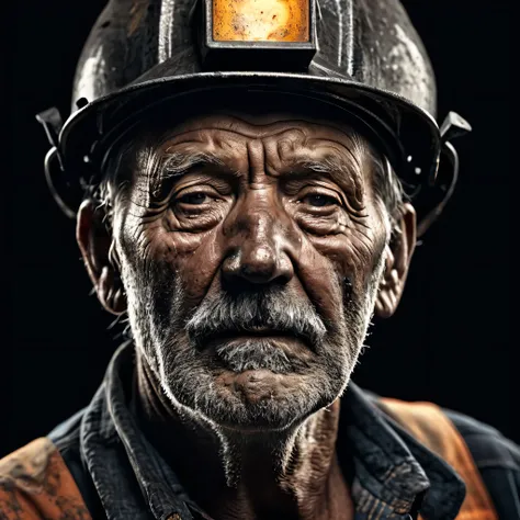 commercial photography, face of old tired coal miner man, studio light, 8k octane rendering, high resolution photography, insanely detailed, fine details, on black isolated plain, stock photo, professional color grading --ar 9:16 --v 4