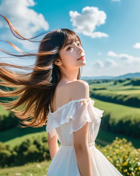 ((highest quality, 32k, High resolution, masterpiece:1.5, ), wonderful use of color, A nostalgic landscape, beautiful japanese girl, The sea continues to the horizon, 13 years old, shiny black hair, Glossy super long smooth hair, beautiful bangs, hair betw...