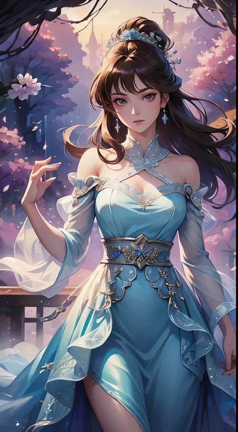 (best quality,4k,ultra-detailed,anime:1.2),sharp focus,vividly portrayed artwork,fantasy art,dreamlike background,a woman in her prime,flawless complexion,beautiful light brown eyes,detailed and intricate:1.5,glossy violet hair:1.5,stunningly detailed ligh...