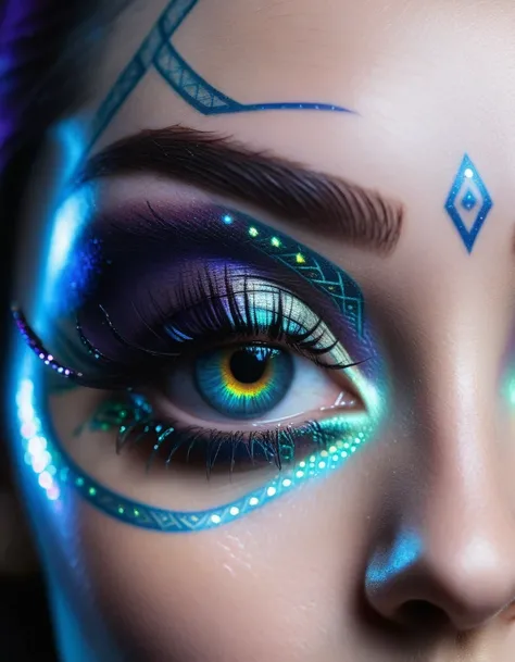 extreme close up of a woman’s eyes, opalescent irises, irises have highly detailed glowing Nordic runes tattooed to the irises, long dark eyelashes, glowing Nordic runes on cheeks and eyebrows, cyberpunk, goth,