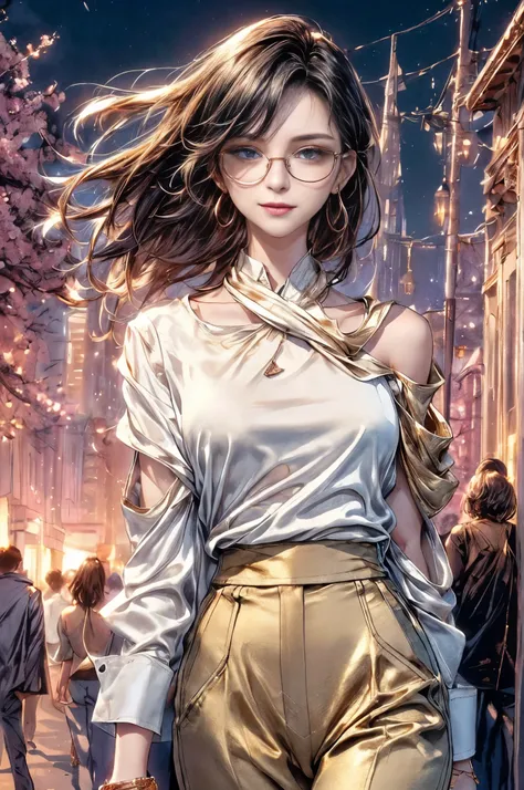 cinematic lighting、highest quality,cyberpunk world、1 female、(25 year old beautiful woman、Beautifully detailed facial features and hair、shoulder length hair）（smile gently:1.4)（Beautiful blue eyes）break、short hair（Dark design glasses:1.5）（black hair、shining ...