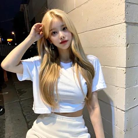 ((highest quality)), ((masterpiece)), (be familiar with), perfect face, confident face, blonde, long hair, Clear hair, earrings, white t-shirt, mini skirt, sneakers, alley at night, rain, 