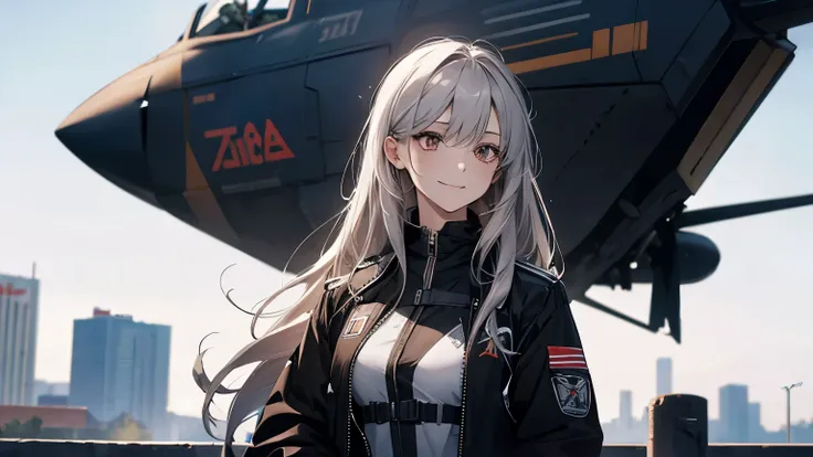 (confused, High resolution, Super detailed), 1 female, silver hair,long hair,reddish brown eyes,black pilot jacket,Black and white suit,20th generation,Beautiful woman,shy smile,thin,Are thin,quiet,Calm,Carrying a white crow,Accompanied by many white crows...