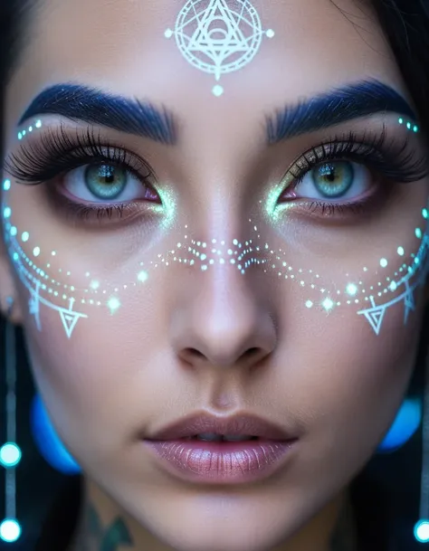 Extreme close-up of a womans eyes, milky iris with highly detailed glowing constellation runes tattooed on the iris, long dark eyelashes, glowing constellation runes on cheeks and eyebrows, cyberpunk, gothic,