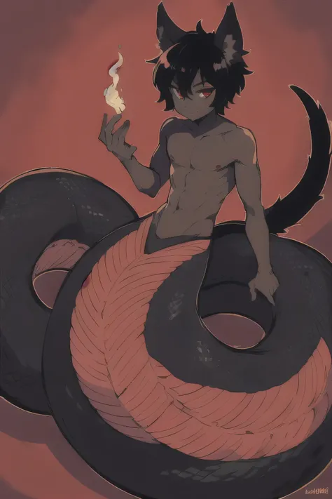 boy, lamia, black hair, black tail, dark skin, Red eyes