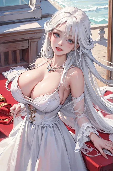 1girl,solo,eyeliner,(bright red lips:0.9),(blush:0.7),sagging breasts,hanging breasts,(huge breasts),nsfw,happy,smile,looking at viewer,head tilt,spread legs,pussy,nsfw,ruanyi0254,jewelry,necklace,white dress,wedding dress,masterpiece,official art,best qua...