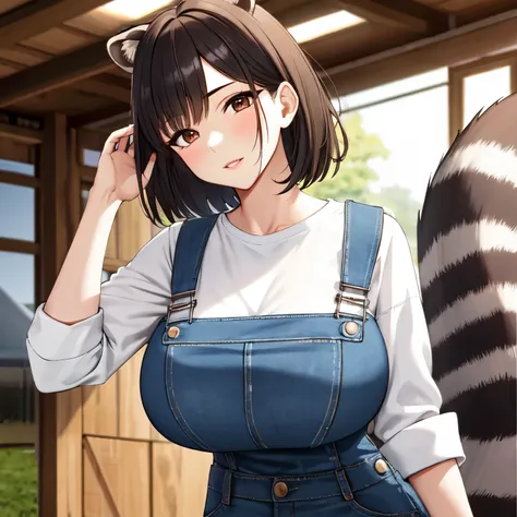 One woman, beautiful woman, farmer girl, white shirt, denim overalls, grayish brown hair, short hair, raccoon girl, raccoon ears, raccoon tail, barn in the background, hot woman, big breasts, mature face, grown up, sexy pose, sexy facial expression, young,...