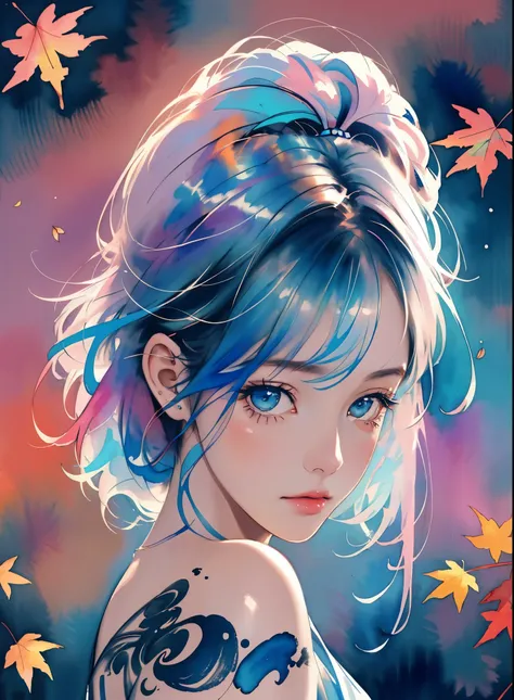 (8k, best quality, masterpiece:1.2),(best quality:1.0), (ultra highres:1.0), watercolor, a beautiful woman, shoulder, hair ribbons, by agnes cecile, half body portrait, extremely luminous bright design, pastel colors, (ink:1.3), autumn lights,