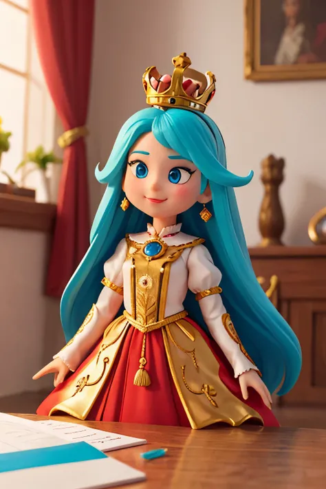 I want you to create for me a figure of a queen doll with a crown on her head and wearing royal clothes.. I want this doll to be attractive to 6 year olds and for her to be in a royal palace. Don&#39;t draw pictures of humans. Quero que seja uma boneca e q...