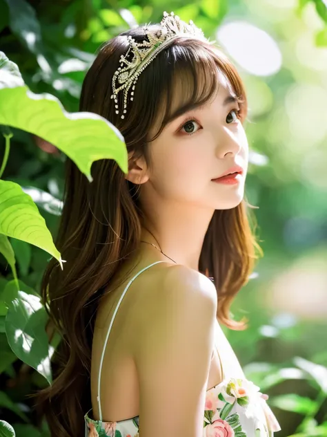 Beauty　goddess of love　tiara　brown hair　Upper body　sunlight filtering through the foliage　dress