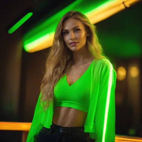 Girl, 24 years old, thin, tall, modest, medium breasts, neon style, blonde, green eyes, beautiful, bold, neon light, neon background, wearing pants and t-shirt, on style Джесси Макминна