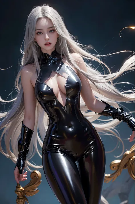 ((masterpiece)), (best quality), ah1, perfect anatomy, detailed skin, highly detailed, absurdres, (highres:1.1),  cinematic lighting,
(1girl, solo:1.2), full body,
long hair,  shiny clothes, messy hair, (shiny skin, oiled:1.3),
(transparent, skin tight,  :...