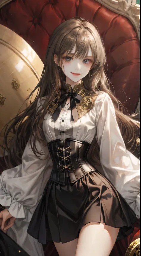 1 girl、brown hair、Weak-minded、combat uniform、white shirt、short skirt、Thighs、long hair、more、smile、black skirt、Black ribbon on chest、gold decoration、corset,droopy eyes、kind face、small mouth