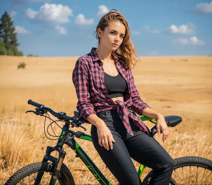 mulher arafida sentada em uma bicicleta em um campo de trigo, picture of a female motociclista, por aleksander gierymski, por di...