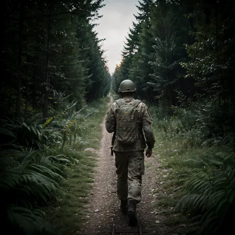 wearing a backpack、realistic image of a soldier in uniform,with a steel helmet， carrying a rifle, walking along the train tracks...