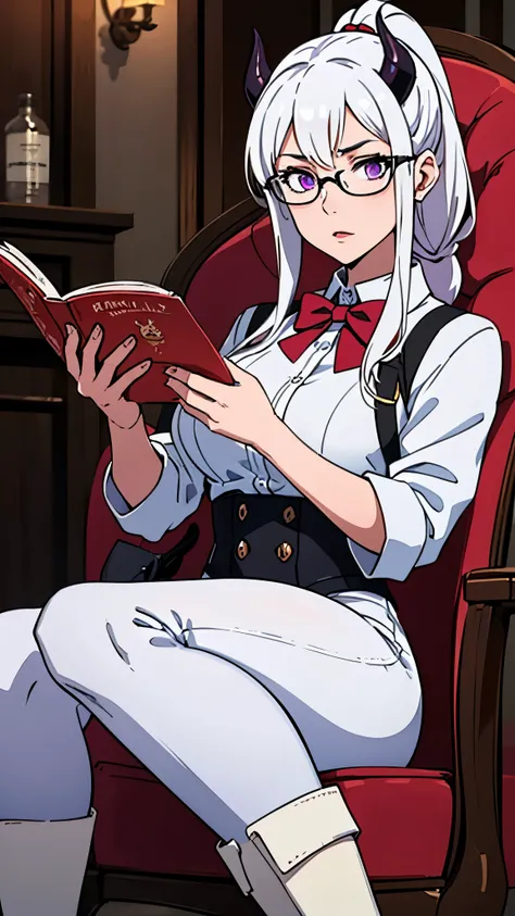 (Masterpiece, best quality), detailed, (wizard magic academy uniform, glasses, reading glasses, white boots), athletic, busty, demon, demon girl, detailed beautiful purple eyes, detailed face, white hair and white skin, braided ponytail, demon horns, full ...