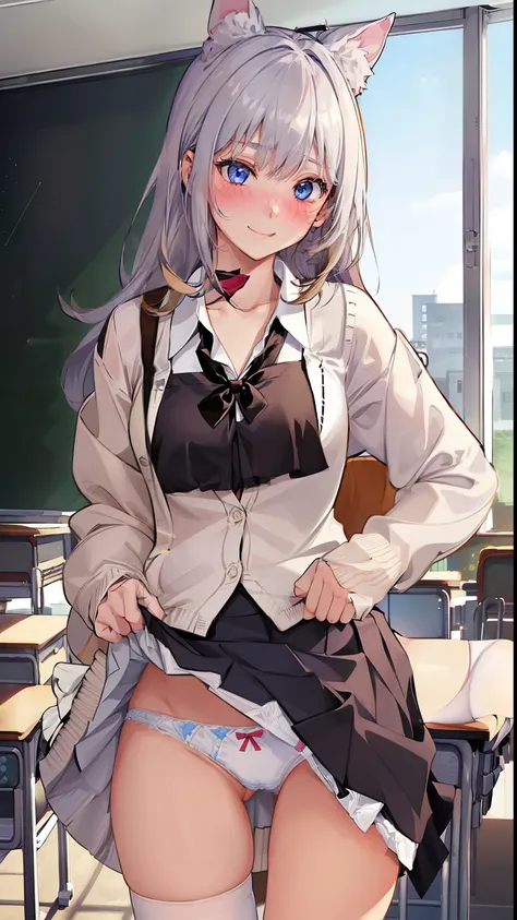 ((1 girl:1.5))、(smile:1.5)、、（cowboy shot）、(fun!!)、(white cardigan:1.5)、(dog ears)、(silver hair)、(blush:1.5)、(long hair)、(eye highlights:1.3)、blake black shoes,(黒いskirt:1.5)、bow, button, shirt with collar, long sleeve,  ((red bow tie, ,, white shirt, チェック柄の...