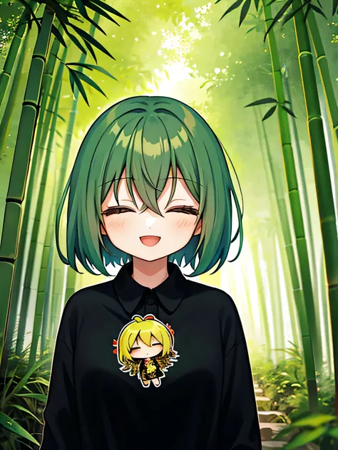 highest quality, amazingly complex, pretty girl, (Chibi:1.6), round eyes, Medium chest, 
close your eyes and smile, :d, dark green hair, bent down, In the bamboo forest, 
(look away:1.2), 
medium hair, bob cut, 
(hair between eyes:1.2), 
, 
(straight hair:...