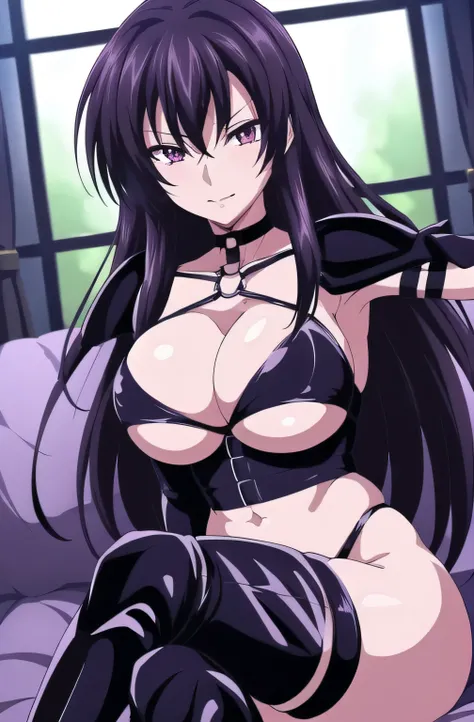 (night:1.7), , , collarbone,choker,black outfit,belly button, Torn_Clothes, Torn_leg wear,Lock,collar, shoulder armor, High leg,boots,Thighhighs, purple_eye,,black_hair,very_length_hair,elbow_gloves, 1 girl, 20 years,mature woman,beautiful Finger,beautiful...