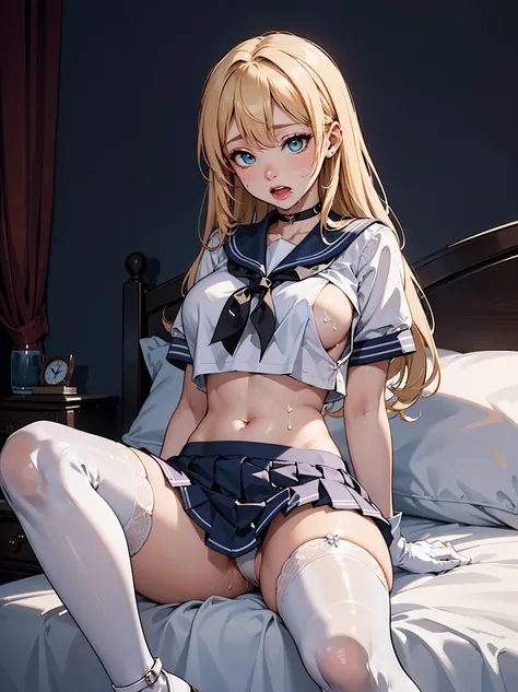 1 woman, HD quality, (solo:1.9), (ahegao:1.7), (orgasm:1.7), (drooling:1.3), steam, (sheer white long thigh-high socks:1.5), (sheer white satin long gloves:1.3), (glowing eyes), best ratio four finger and one thumb,  (Open legs:1.7), (Large breasts), cleav...