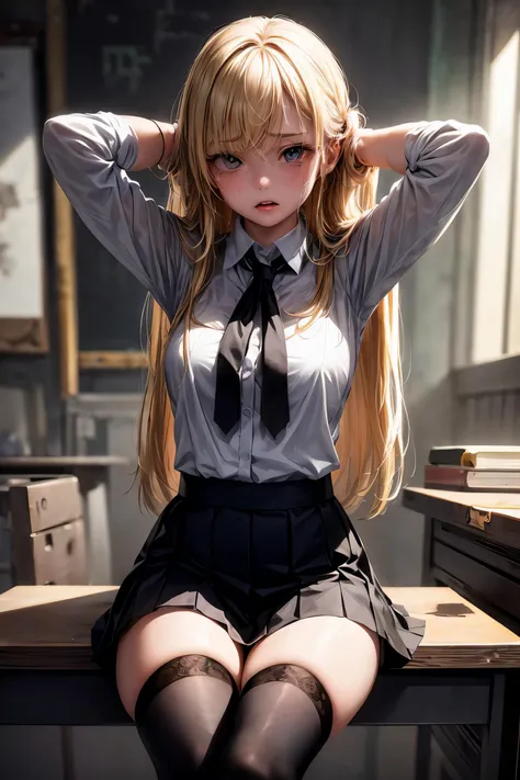 anime girl sitting on a desk with her hands on her head