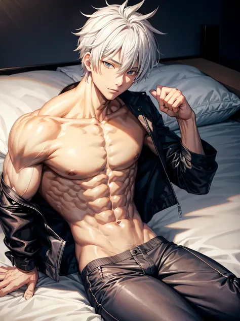 Anime guy about 16 without outerwear. Muscular with 6-pack abs and back. With white hair. Lying on the bed. 