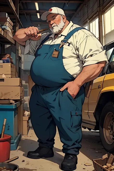 Old and fat guy, fat, with tools in hand, Mechanics uniform, anime style, oficina, carros, fundo detalhado, , masterpiece, carro aberto 