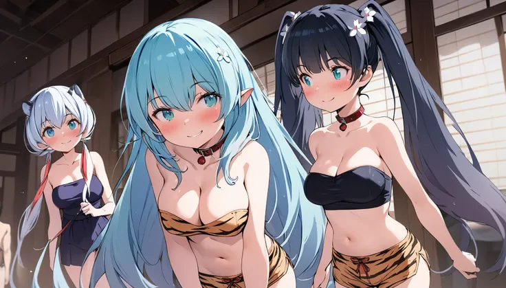 (masterpiece, best quality), ((uncensored)),Lum, 3 elven girls, ( collar bone, cleavage, navel,  thigh),  view from side, (light blue hair, twin tails ,very long hair , hair is shimmering), hair between eyes, multi colored hair,hair flower ornament ,blush,...