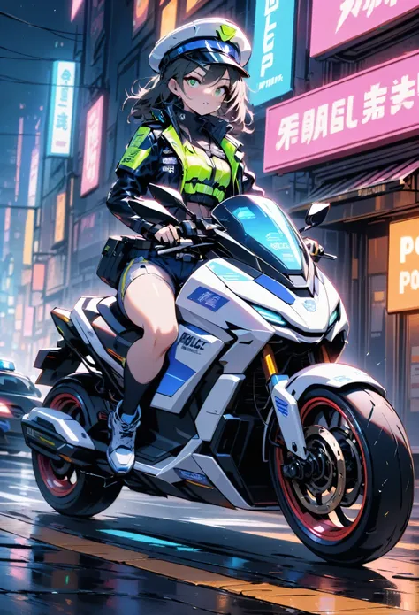 beautiful woman medium hair, wear a hat, cyberpunk shorts, cyberpunk police woman, tomboy, traffic police, (ride a futuristic po...