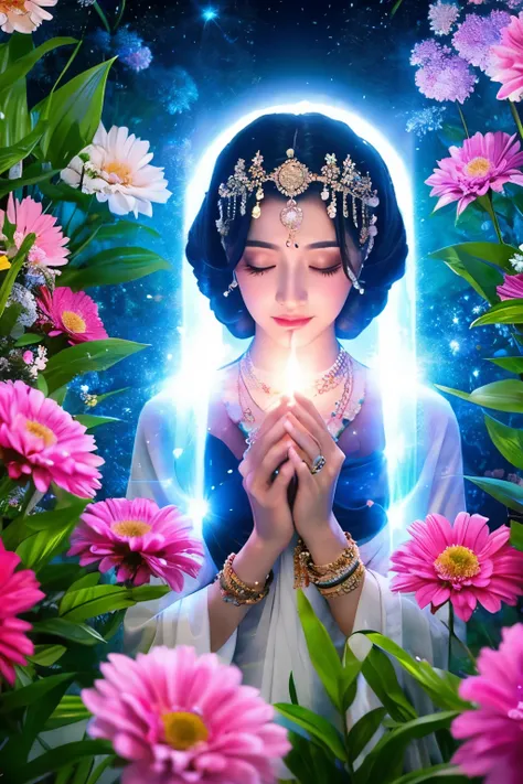 A goddess with a heart、Wearing an aura、facing the front、There is an aura、surrounded by flowers