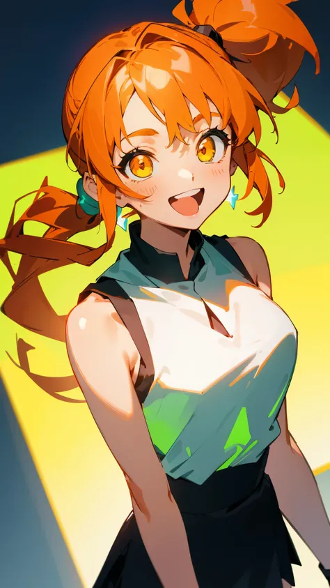 masterpiece, highest quality,  orange hair,glowing green eyes,side ponytail, sleeveless shirt, black skirt, upper body close-up、From above, look at the audience, laughter, open your mouth