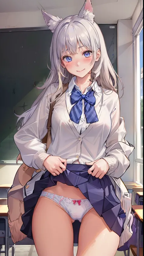 ((1 girl:1.5))、(smile:1.5)、、（cowboy shot）、(fun!!)、(white cardigan:1.5)、(dog ears)、(silver hair)、(blush:1.5)、(long hair)、(eye highlights:1.3)、blake black shoes,(黒いskirt:1.5)、bow, button, shirt with collar, long sleeve,  ((red bow tie, ,, white shirt, チェック柄の...