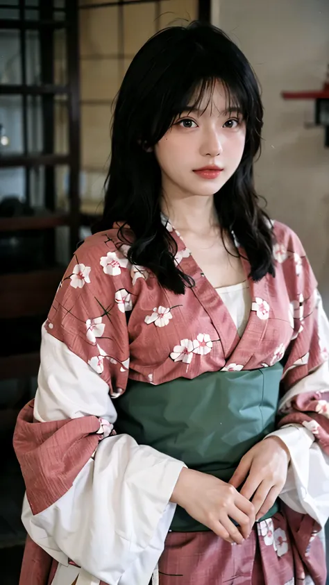 (highest quality:1.4), beautiful face, 8K, 35mm, absurd, (japanese kimono:1.4), Upper body、towards the camera、 violaces, gardenia, delicate girl, alone, , looking at the viewer,  film grain, chromatic aberration, sharp focus, face light, professional light...