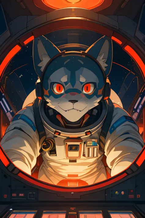 cover page, top quality, best quality, High-quality illustrations, masterpiece, absurdres, perfect anatomy(1boy, kemono, furry, astronaut, Operating a machine, Face illuminated by monitor light, panicked look, sense of urgency)spaceships cockpit, emergency...