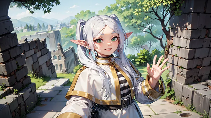 white hair, green eyes, waving at me, ruins around, green background, in her twienties, white uniform with black stripes, very b...