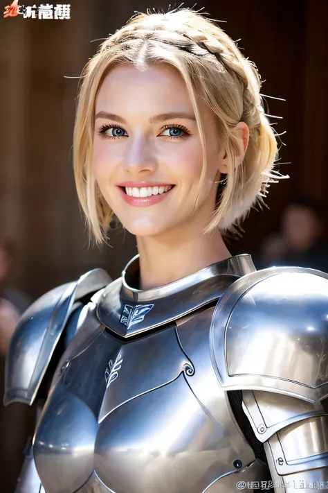 ８Ｋ、highest quality、female knight、The background is the interior of a castle.、Luxurious Silver Armor、、hairstyle short cut、smile、beautiful teeth、full body photo、ear piercing、blonde、white woman、blue eyes、heavy makeup、
   