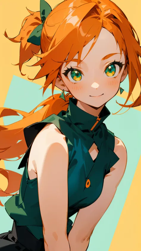 masterpiece、highest quality、1 girl、anime painting、orange hair、beautiful green eyes、side ponytail、sleeveless shirt、black skirt、upper body close-up、From the side、smile、sharp outline