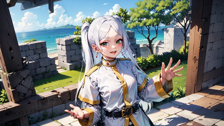 white hair, green eyes, waving at me, ruins around, green background, in her twienties, white uniform with black stripes, very beautiful face, aesthetic face, smiling, mature looking,