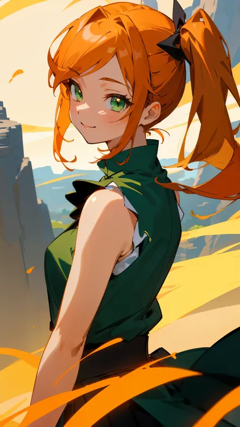 masterpiece、highest quality、1 girl、anime painting、orange hair、beautiful green eyes、side ponytail、sleeveless shirt、black skirt、upper body close-up、From the side、smile、cinematic lighting、cave、sharp outline