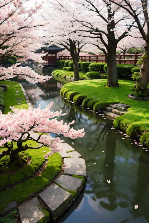 masterpiece，Old temple of Japan，spring light，Moss and pond，Beautiful cherry blossoms in full bloom