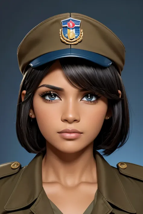 1mujer, pelo negro corto, ropa de general azul, brown skin, con gorra militar, ojos cubiertos, age 30 years