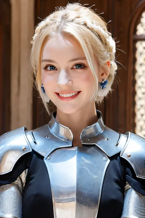 ８Ｋ、highest quality、female knight、The background is the interior of a castle.、Luxurious Silver Armor、、hairstyle short cut、smile、beautiful teeth、full body photo、ear piercing、blonde、white woman、blue eyes、heavy makeup、

