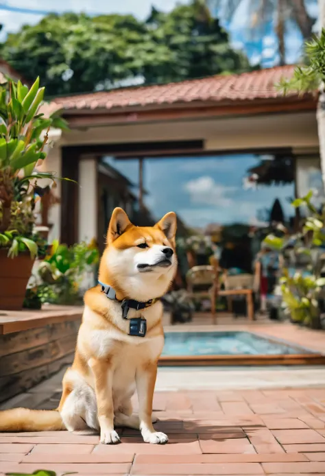 shiba next to the swimming pool