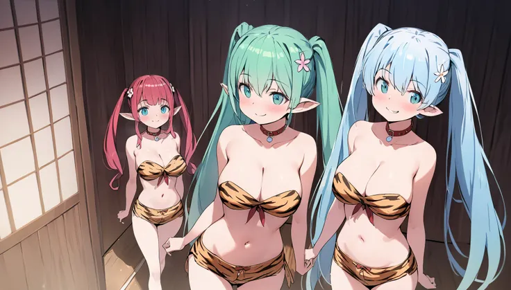 (masterpiece, best quality), ((uncensored)),Lum, 3 elven girls, ( collar bone, cleavage, navel,  thigh),  view from side, (light blue hair, twin tails ,very long hair , hair is shimmering), hair between eyes, multi colored hair,hair flower ornament ,blush,...