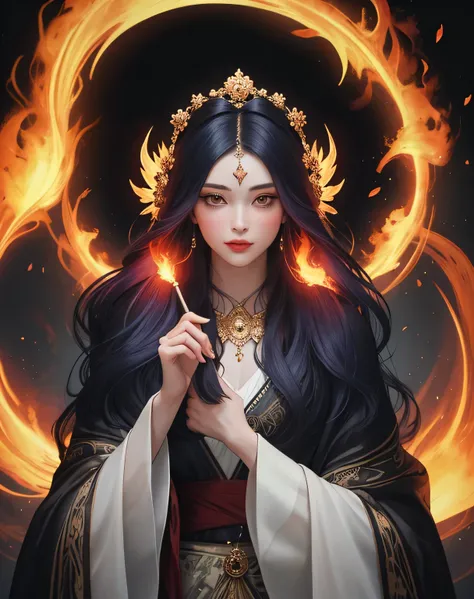 (best quality,4k,8k,highres,masterpiece:1.2),ultra-detailed,realistic:1.37,a painting of a woman with long hair and a flower in her hand,ccxl-mucha,Chandra / Magic the Gathering Art / fire Flames,portrait,soft colors,vibrant lighting,beautiful detailed eye...